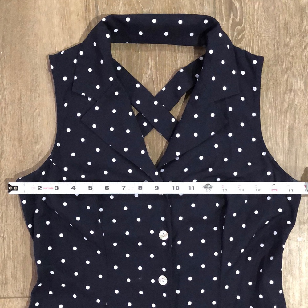 Vintage SHERI MARTIN New York - Navy Polka Dot Sleeveless Dress - Picture 11 of 12